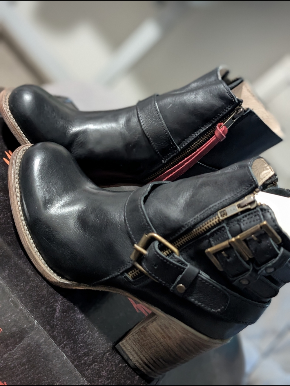 freebird Black Leather Ankle Boots with Buckle & Red Zip Accent